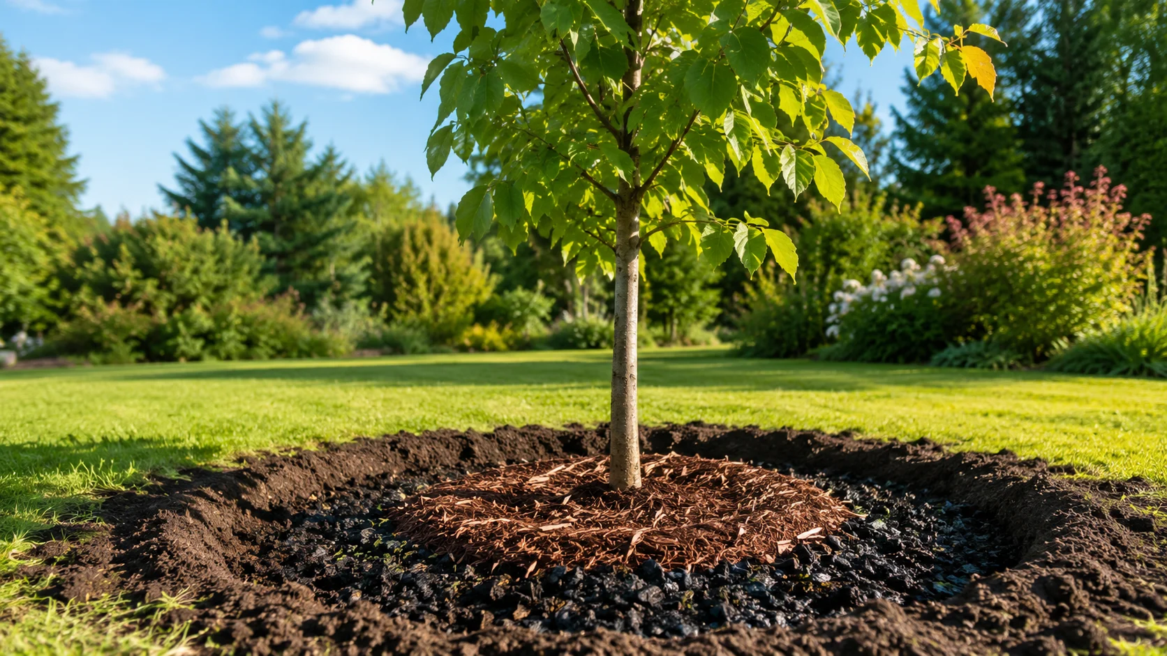 Frisch gepflanzter Baum mit aktivierter Pflanzenkohle im Wurzelraum für sicheren Anwuchs