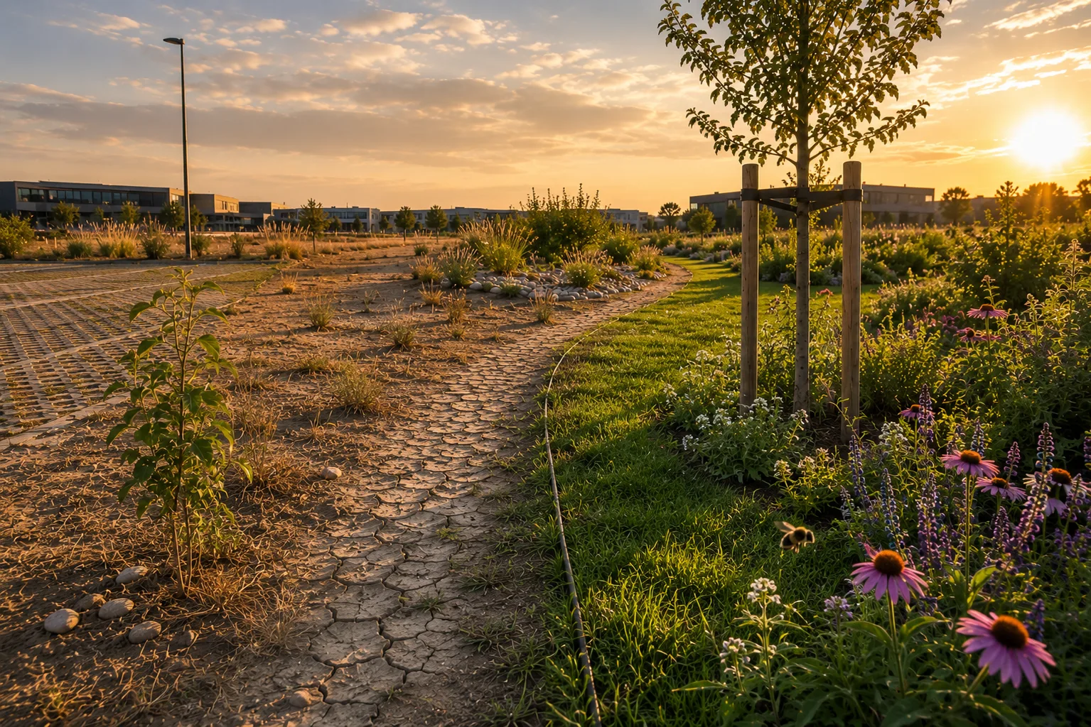 Garten links ohne, rechts mit Schwarzerde: kräftiges Wachstum, lebendige Erde, üppige Vielfalt