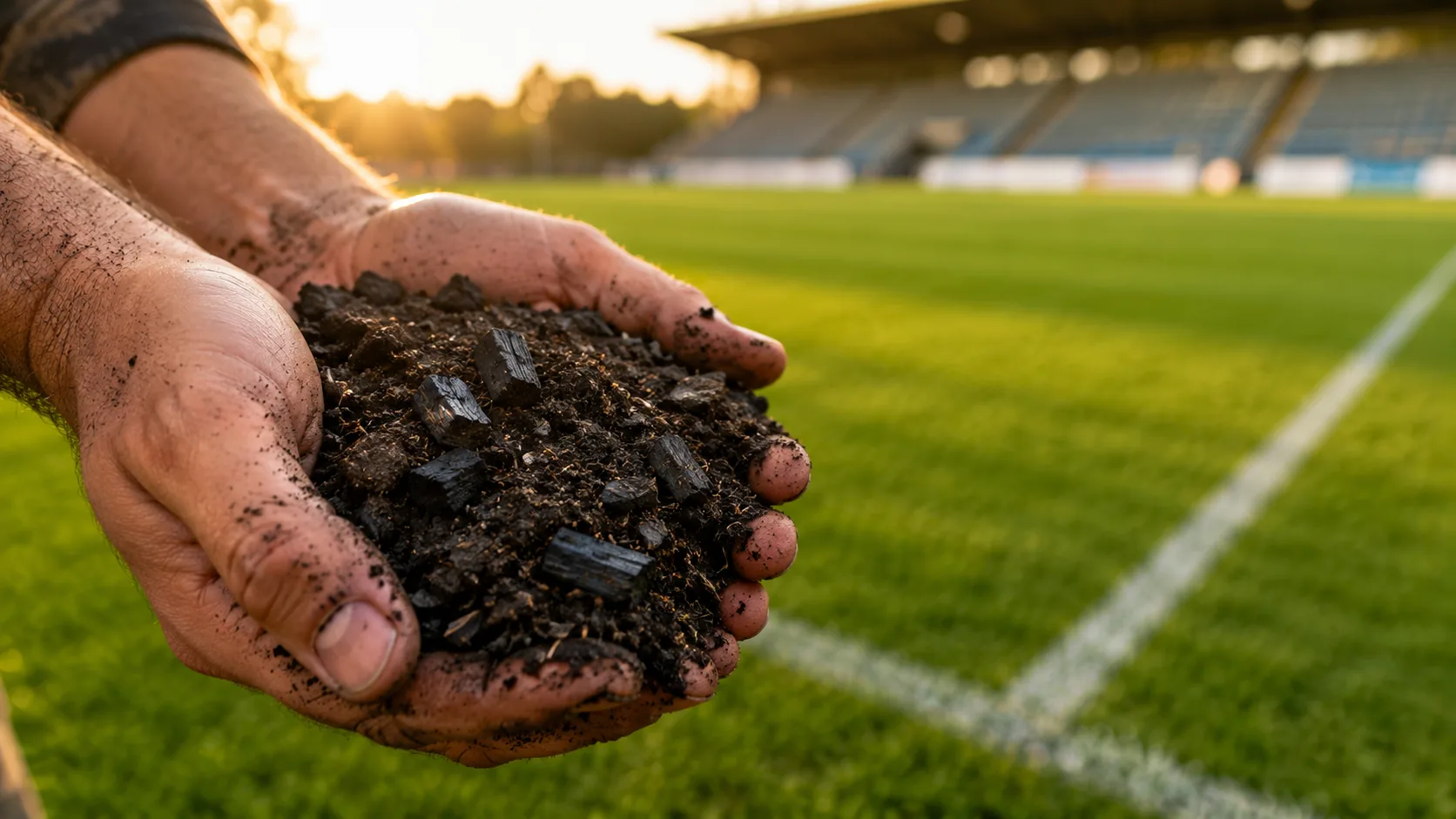 Erdverschmierte Hände halten dunklen, aktivierten Boden mit deutlich sichtbaren Stücken Pflanzenkohle vor dem satten grünen Rasen eines Sportplatzes, im Hintergrund eine Stadiontribüne im Abendlicht