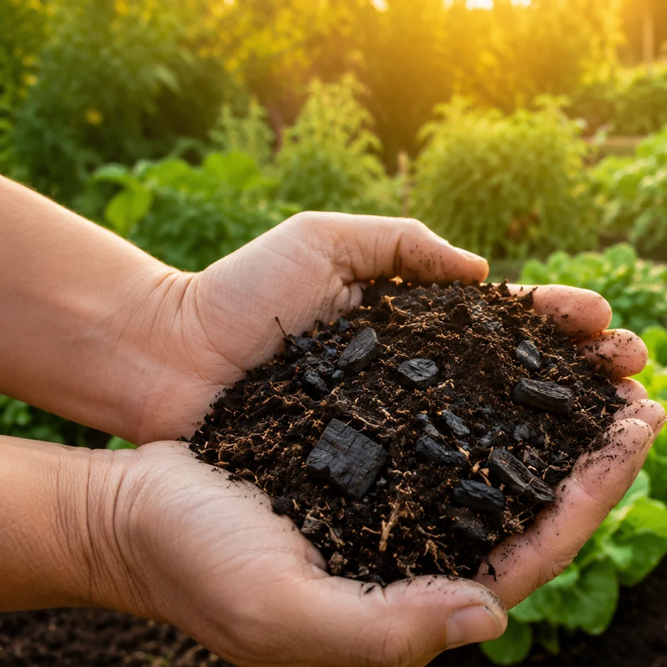 Hände halten dunkle, lockere Gartenerde mit sichtbaren Stücken aktivierter Pflanzenkohle vor einem grünen Gemüsegarten – Gartenerde von Carbon4Future
