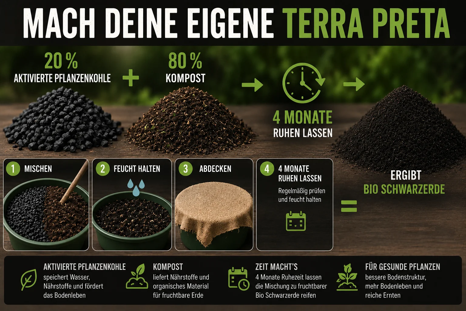 Infografik: Mach deine eigene Terra Preta – 20 % aktivierte Pflanzenkohle plus 80 % Kompost, mischen, feucht halten, abdecken, 4 Monate reifen lassen – ergibt Bio-Schwarzerde