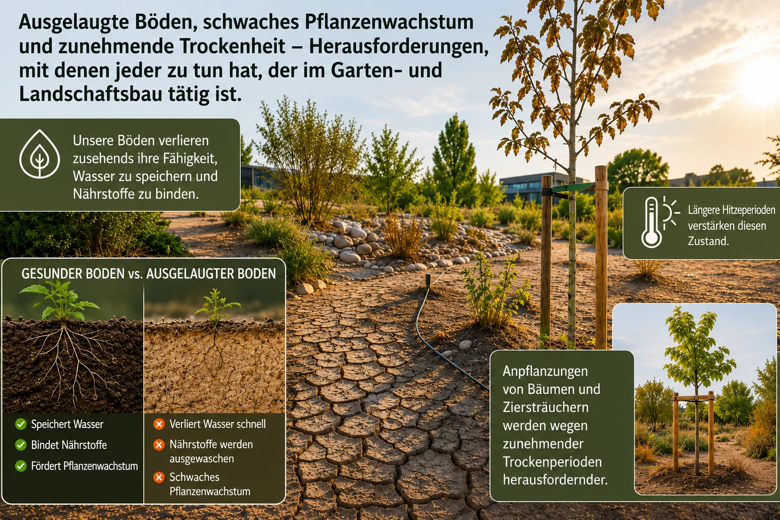 Ausgelaugte Böden und zunehmende Trockenheit: Böden verlieren die Fähigkeit, Wasser und Nährstoffe zu binden – Anpflanzungen werden anfälliger