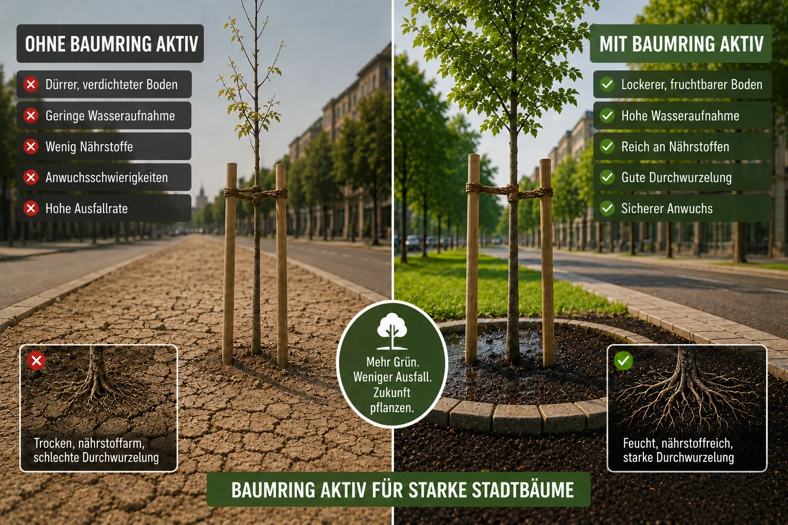 Pflanzring aktiv für starke Stadtbäume: links verdichteter Boden ohne, rechts lockerer durchwurzelter Boden mit aktivierter Pflanzenkohle