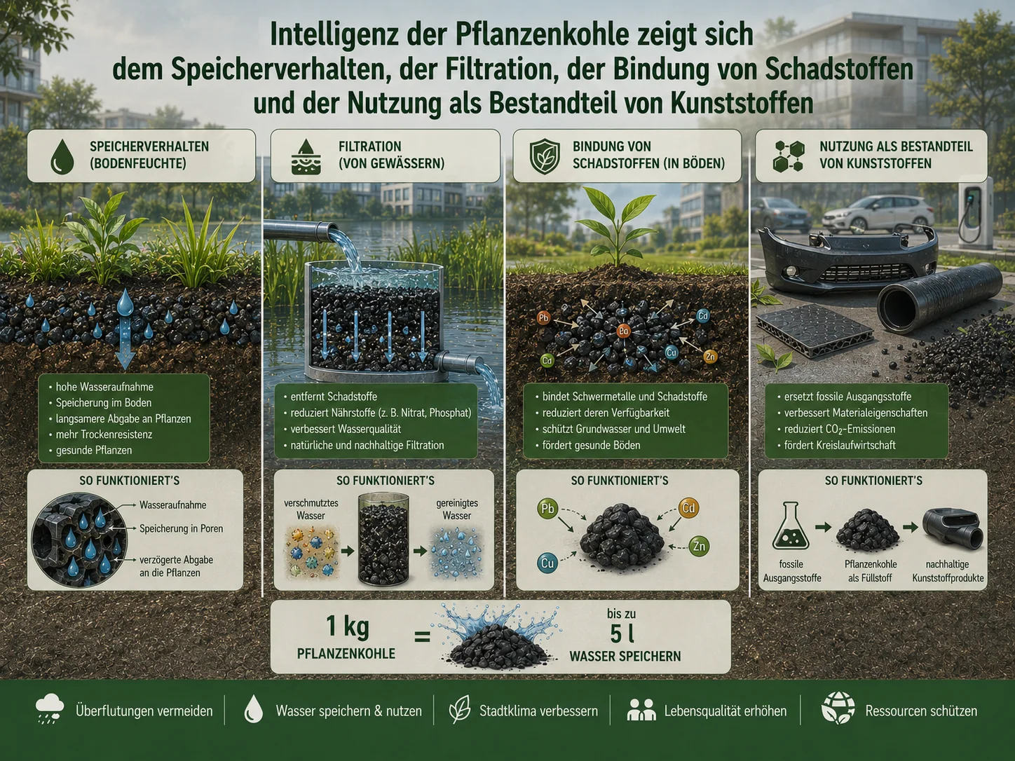 Pflanzenkohle wirkt durch Speicherverhalten, Filtration von Gewässern, Bindung von Schadstoffen und als Bestandteil von Kunststoffen