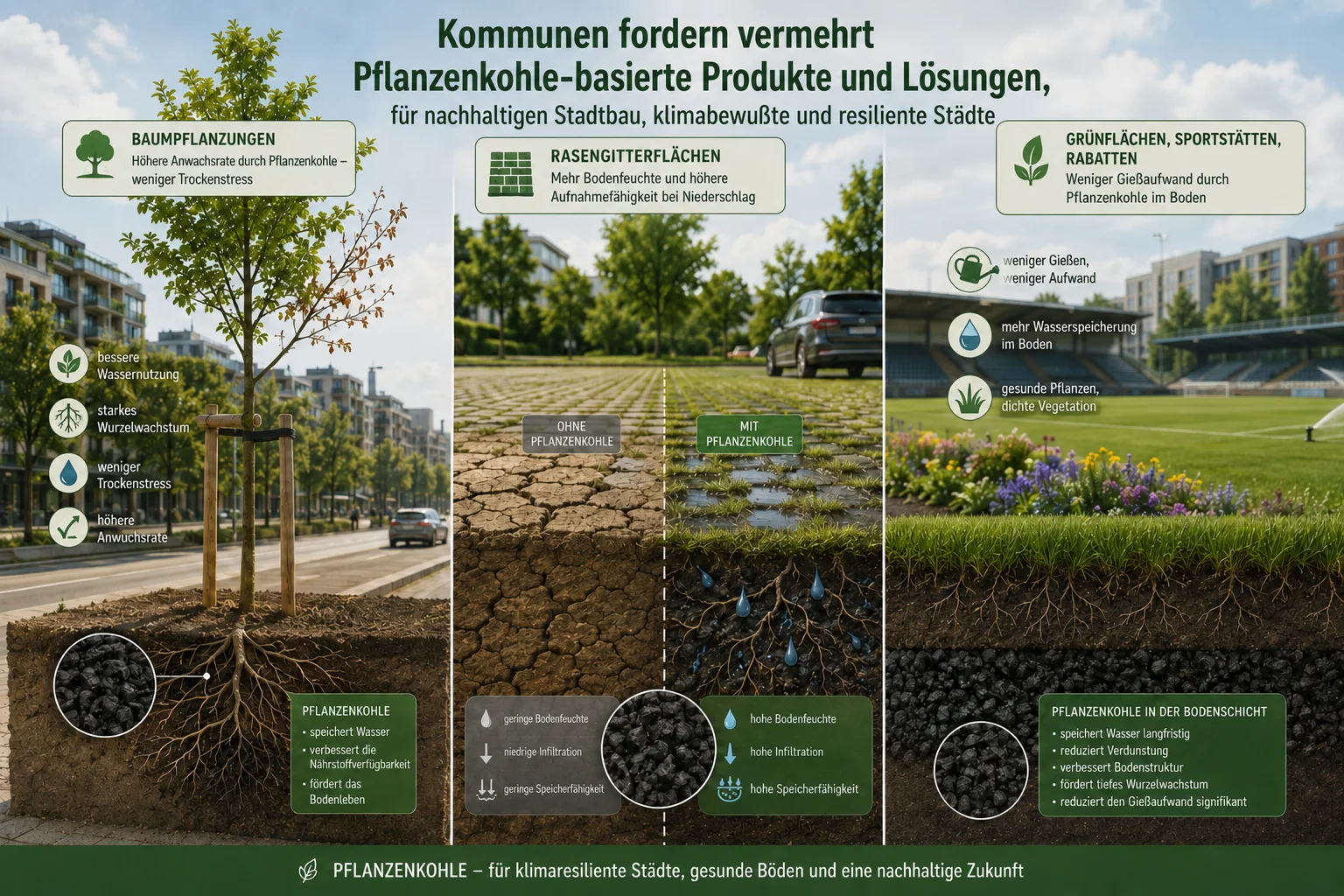 Pflanzenkohle für Baumpflanzungen, Rasengitterflächen und Grünflächen in Kommunen – weniger Trockenstress, höhere Wasserspeicherung