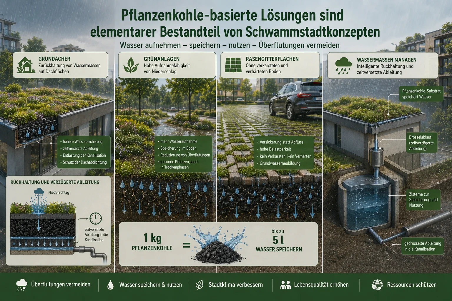 Pflanzenkohle-basierte Lösungen für Schwammstädte: Wasser aufnehmen, speichern, nutzen und Überflutungen vermeiden