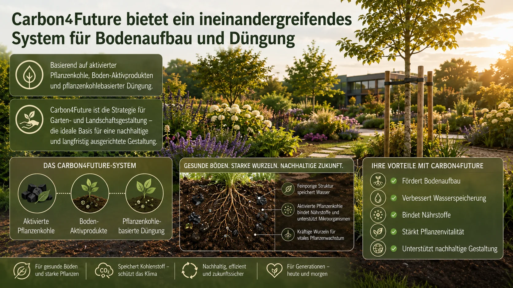 Carbon4Future bietet ein ineinandergreifendes System: aktivierte Pflanzenkohle, Boden-Aktivprodukte und pflanzenkohlebasierte Düngung